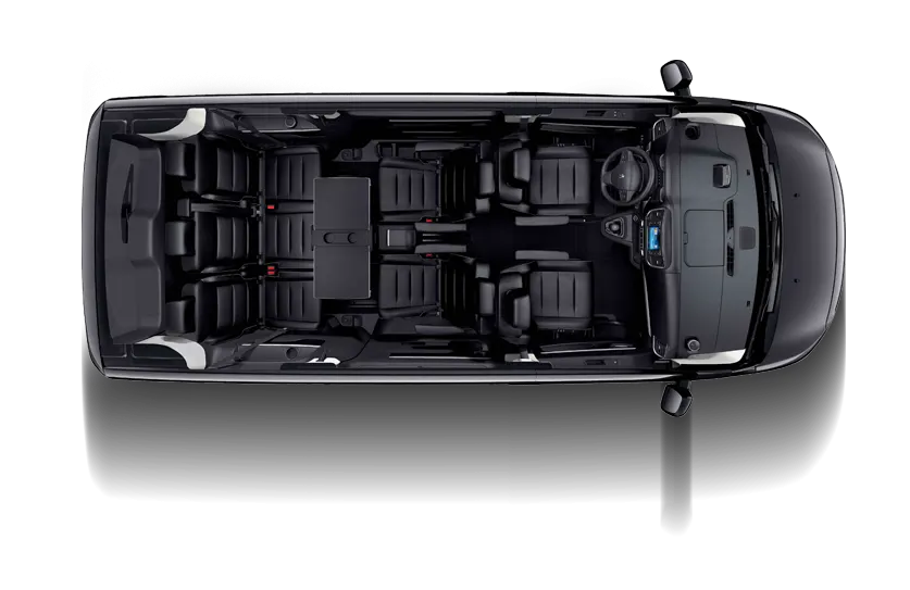 Top-down view of the Attica Transfer mini van interior with seating for the whole group