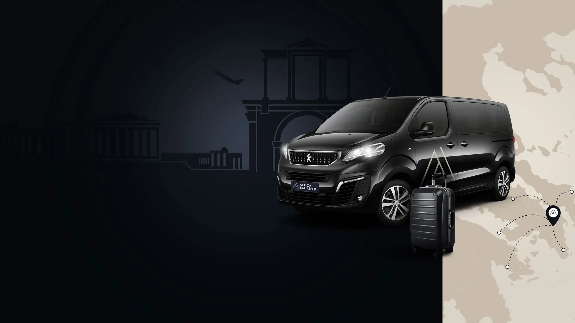 Attica Transfer black mini van with luggage in front of Athens landmarks and a route map of Greece